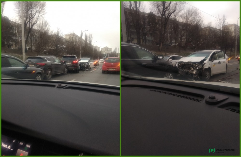 Accident grav în capitală cu implicarea a 4 automobile: Un taxi s-a lovit frontal cu o KIA